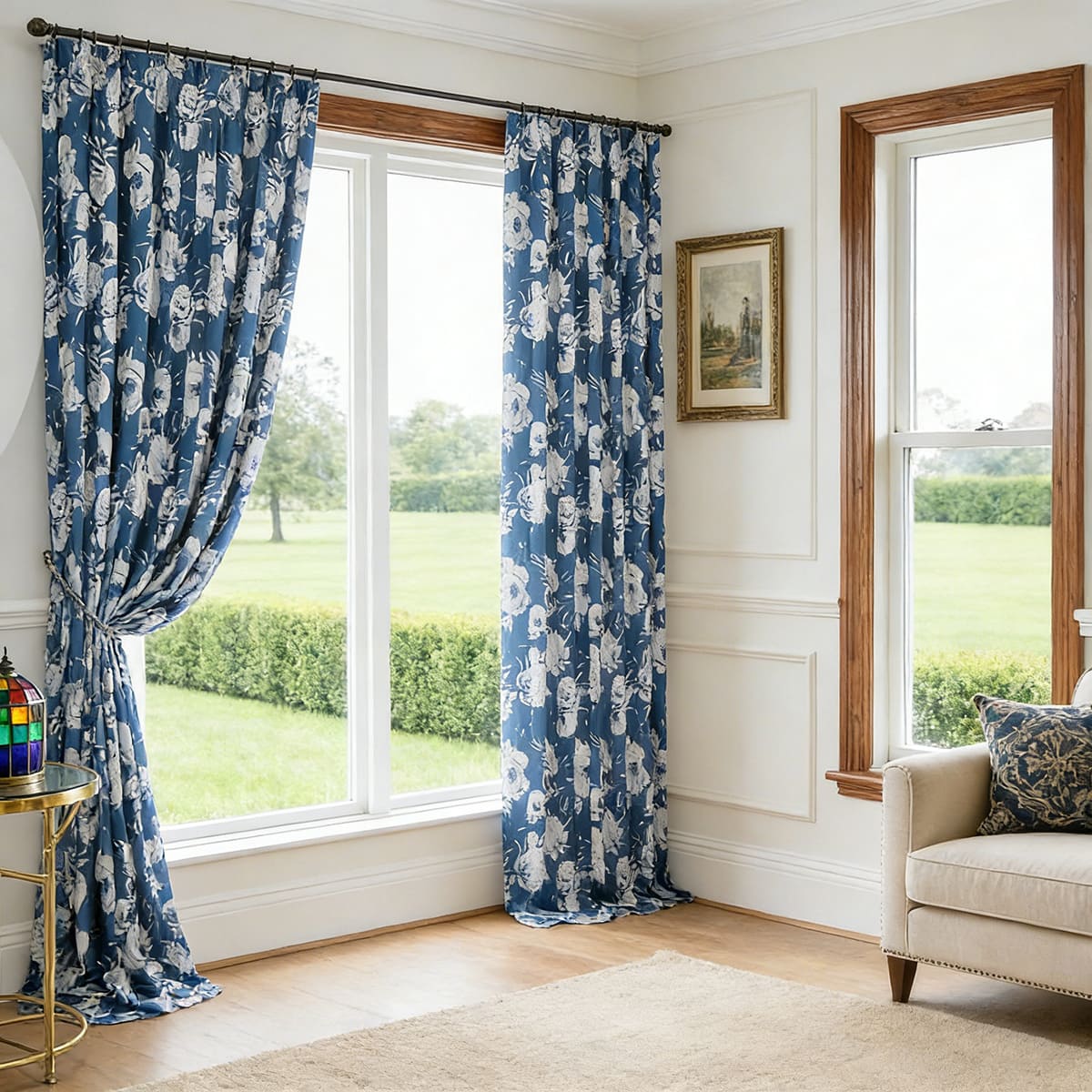 White Peony Navy Blue Curtains Floor-Length Drapes