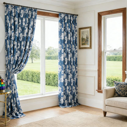 White Peony Navy Blue Curtains Floor-Length Drapes