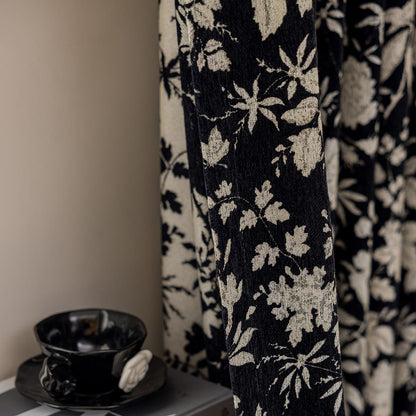 Stately Retro Black Base White Floral Chenille Jacquard Blackout Curtains