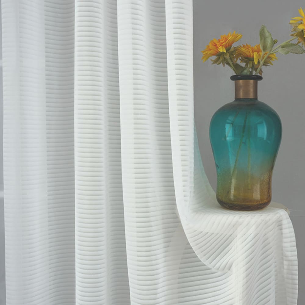 White Horizontal Striped Sheer Curtains Voile 2 Panels for Living Room