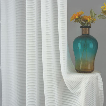 White Horizontal Striped Sheer Curtains Voile 2 Panels for Living Room