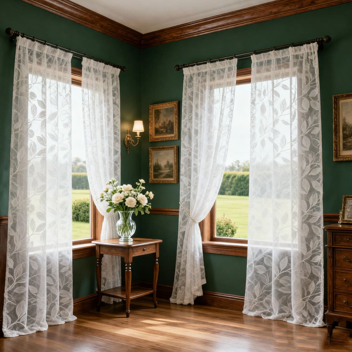 White Leaf Sheer Pinch Pleat Curtains for Living Room Bedroom Voiles