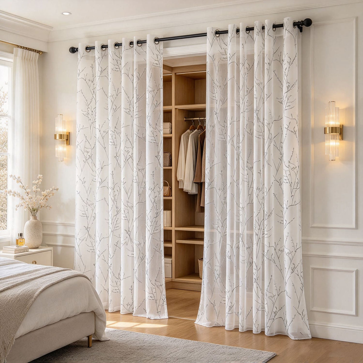 Small Plum Floral Blossom Branches Print Sheer Curtains