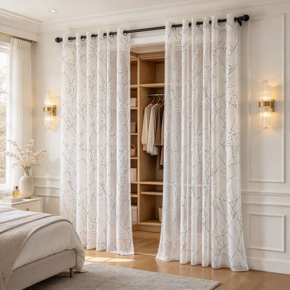 Small Plum Floral Blossom Branches Print Sheer Curtains