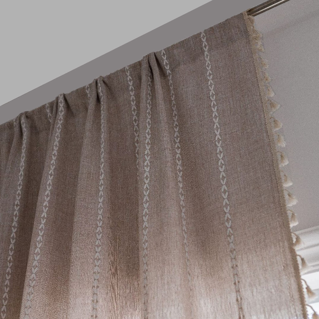 Geometric White Striped Curtains Window Coffee Drapes with Tassels