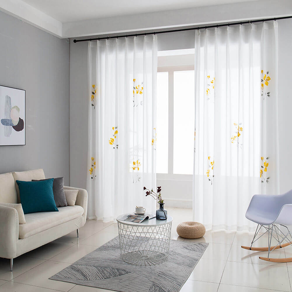 Yellow flower white sheer curtains for living room elegant window sheers