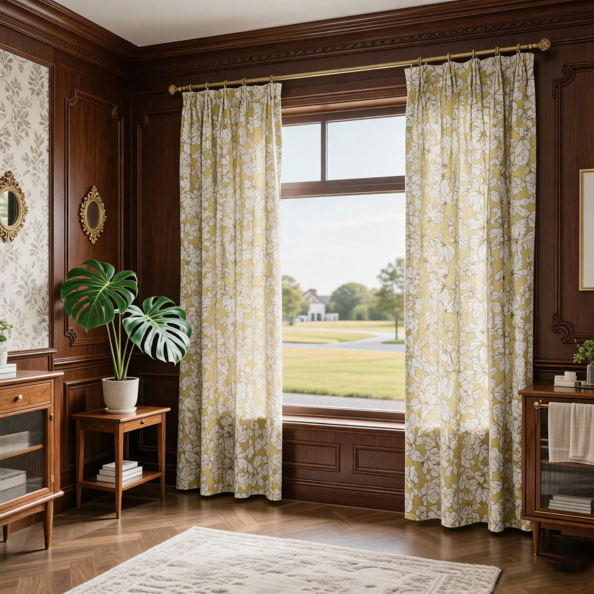 Warm Yellow Cream Fig and Foliage Curtains Art Painting Custom Drapes