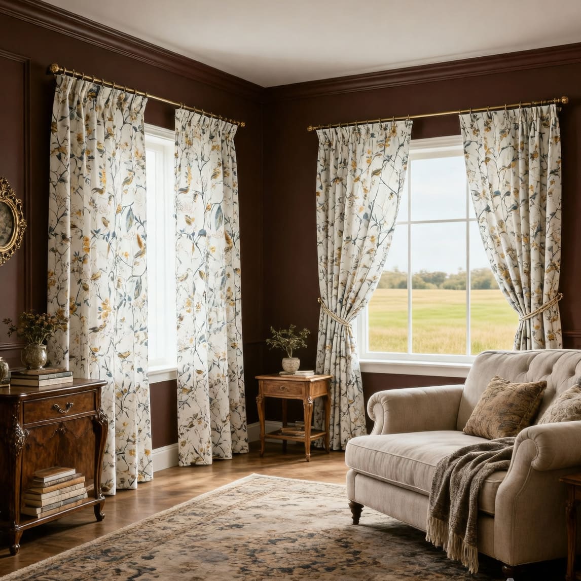 Garden Mustard Gray Birds Yellow Blossom Print Curtain Panels