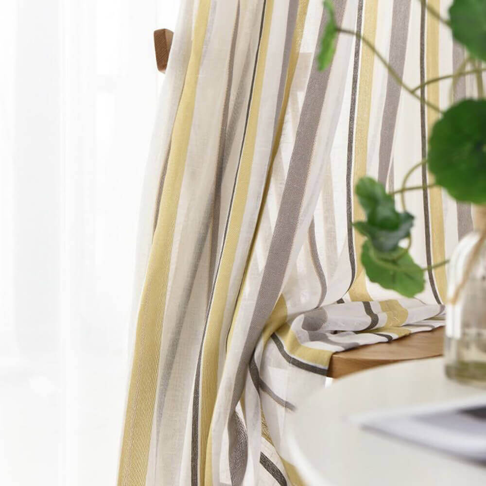 Yellow white gray striped sheer curtain panels sheer bedroom curtains