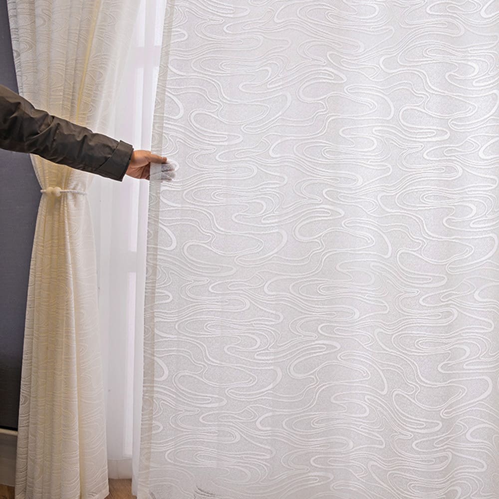 Rideaux transparents à motif de nuages ​​fluides beiges, voile artistique