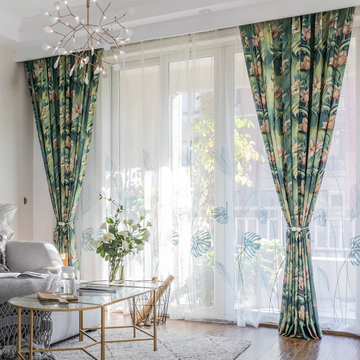 Beautiful Flowers in Green Rainforest Curtains Art Painting Drapes Pinch Pleat