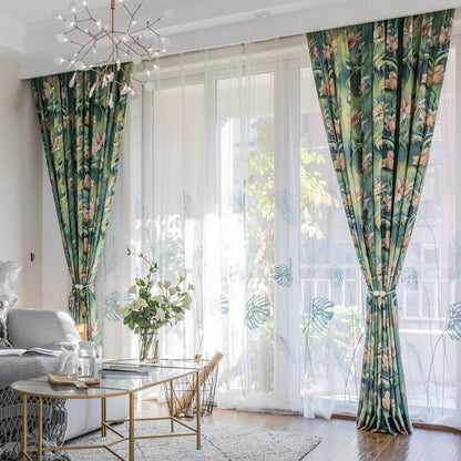 Beautiful Flowers in Green Rainforest Curtains Art Painting Drapes Pinch Pleat