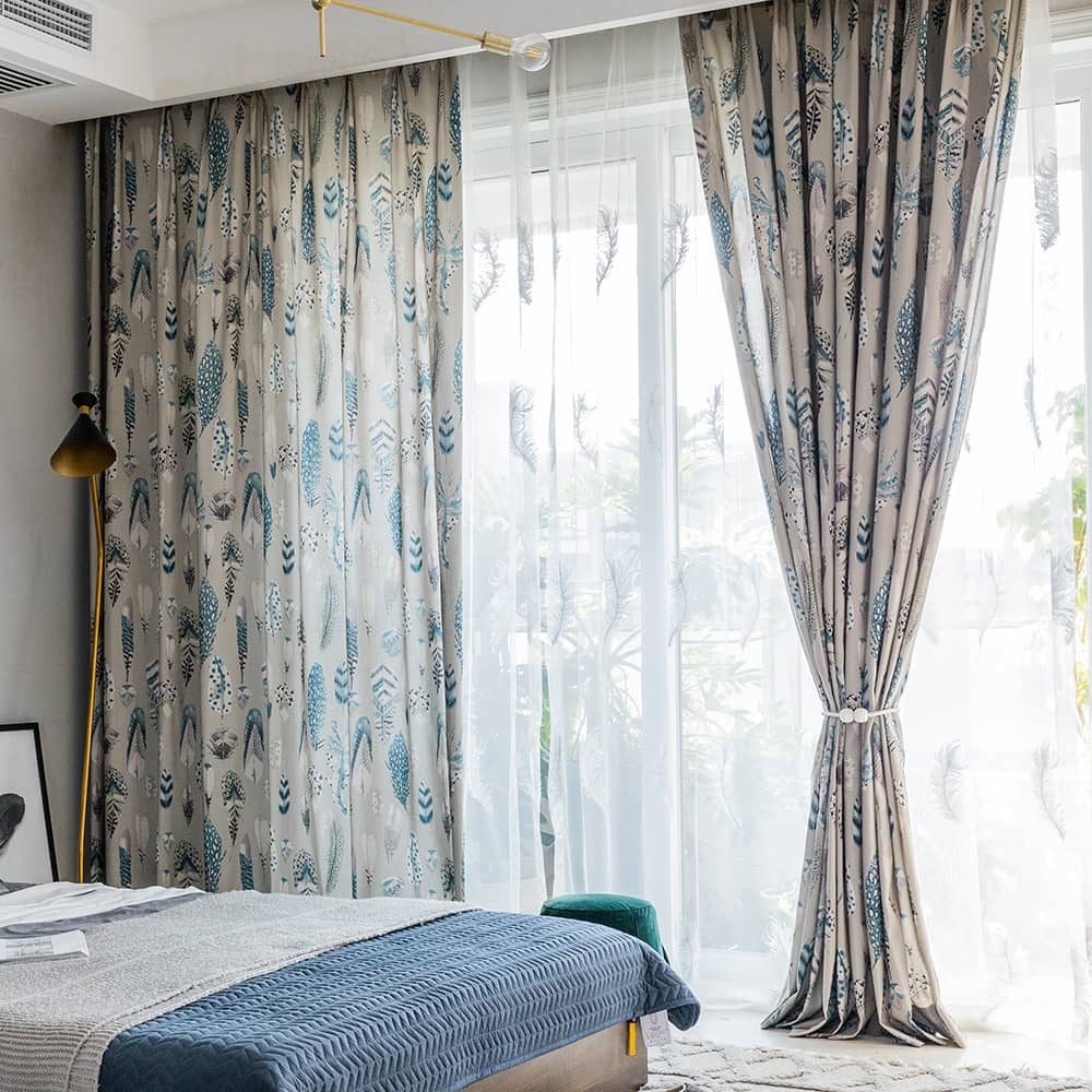 Blue Feathers Pattern Curtains Morden Fashion Misty Gray Drapes