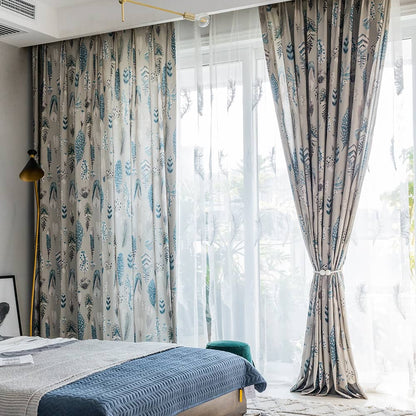 Blue Feathers Pattern Curtains Morden Fashion Misty Gray Drapes