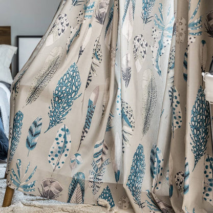 Blue Feathers Pattern Curtains Morden Fashion Misty Gray Drapes