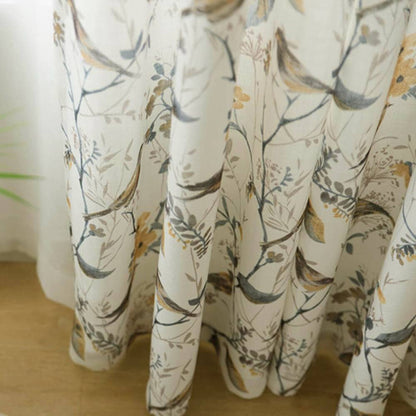 Garden Mustard Gray Birds Yellow Blossom Print Curtain Panels