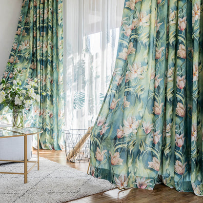 Beautiful Flowers in Green Rainforest Curtains Art Painting Drapes Pinch Pleat