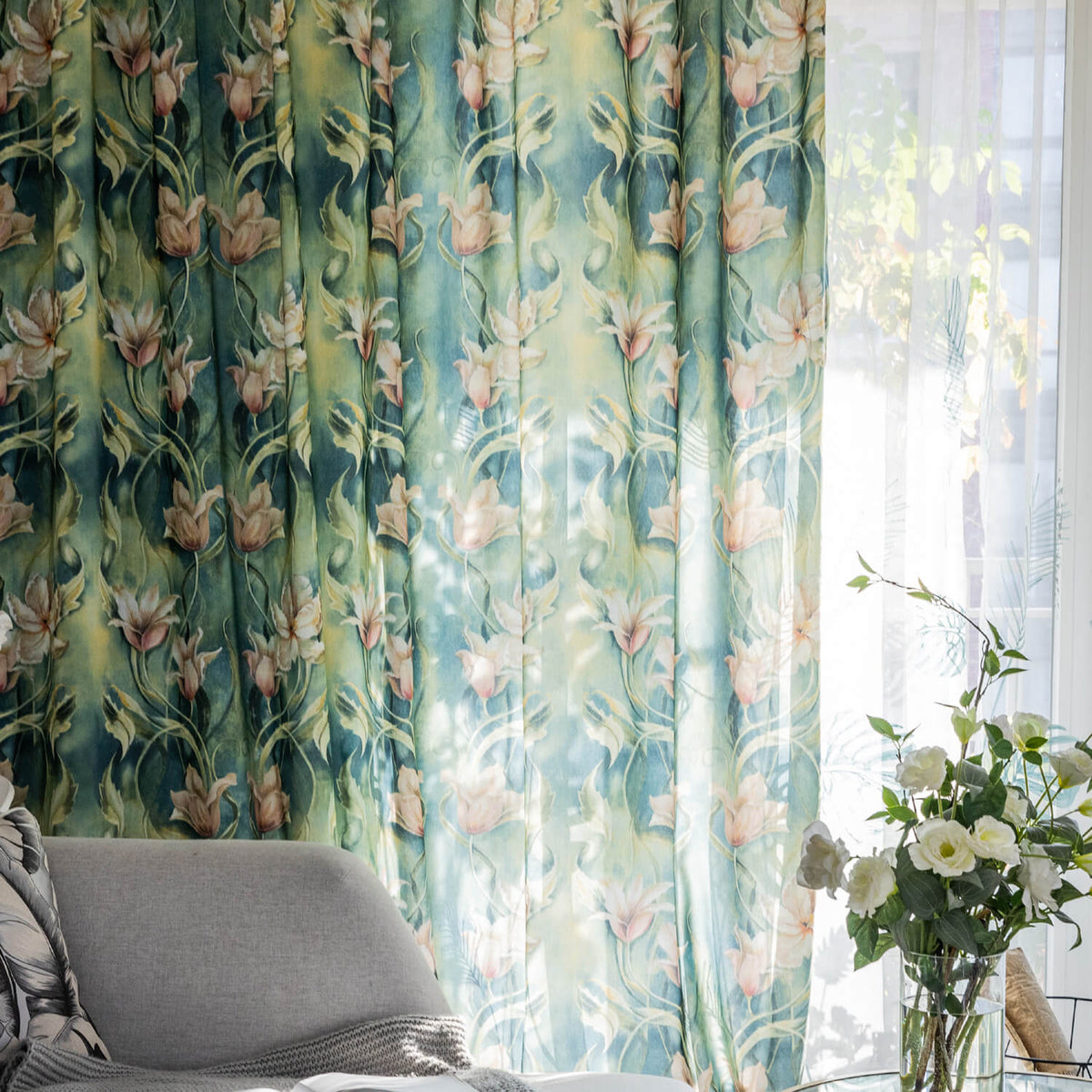 Beautiful Flowers in Green Rainforest Curtains Art Painting Drapes Pinch Pleat