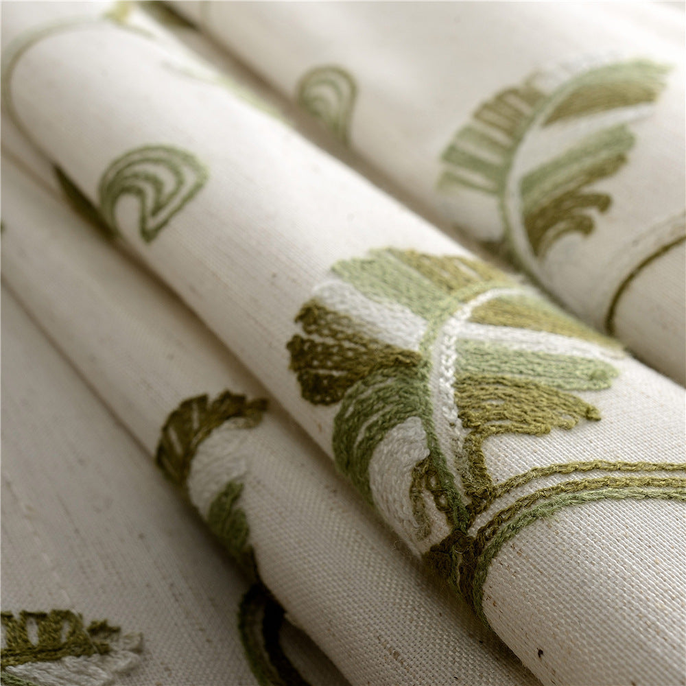 Embroidered Green Vine Curtains Linen Drapes for Livingroom