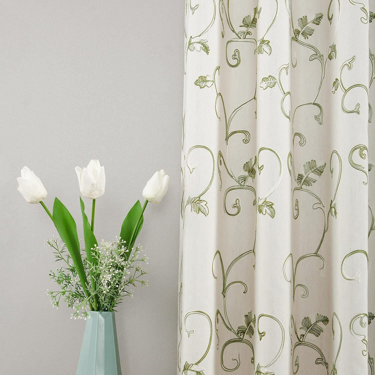 Embroidered Green Vine Curtains Linen Drapes for Livingroom