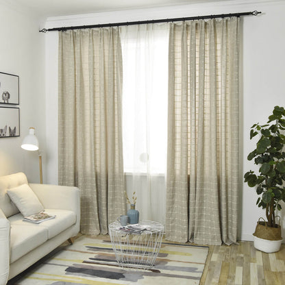 Plaid Embroidered Natural Linen Curtains Window Check Drapes for Living Room