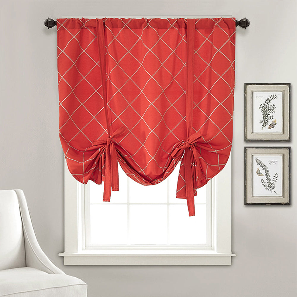Orange Waterproof Tie Up Adjustable Balloon Curtain Embroidered Plaid Window Drapes