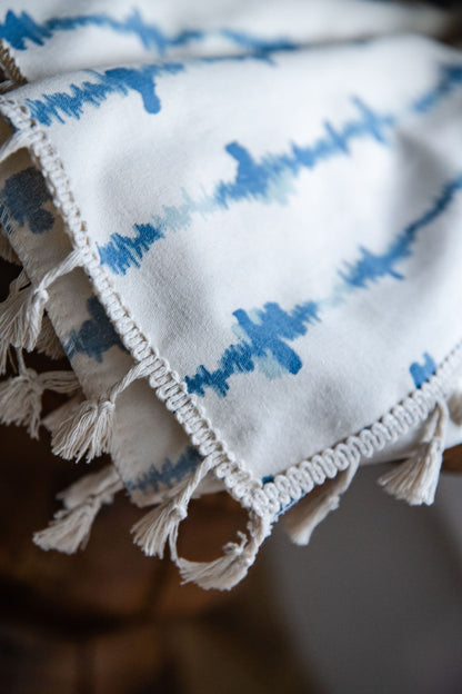 Stylish Blue Vertical Stripe Curtains White Drapes with Tassels