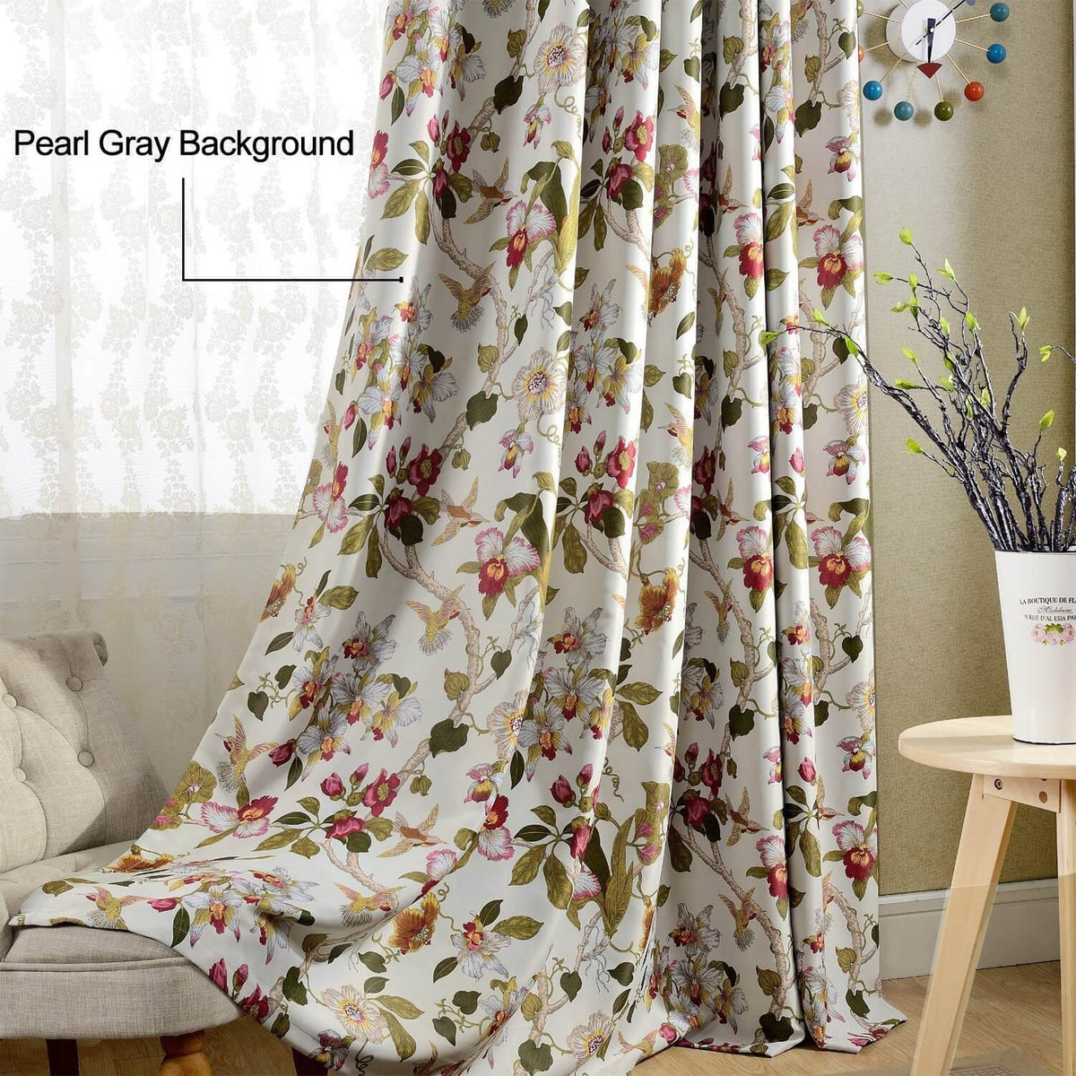 red toned floral curtains with a greyish white background blackout drapes
