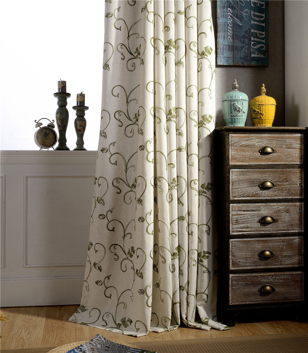 Embroidered Green Vine Curtains Linen Drapes for Livingroom