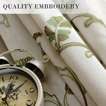 Embroidered Green Vine Curtains Linen Drapes for Livingroom