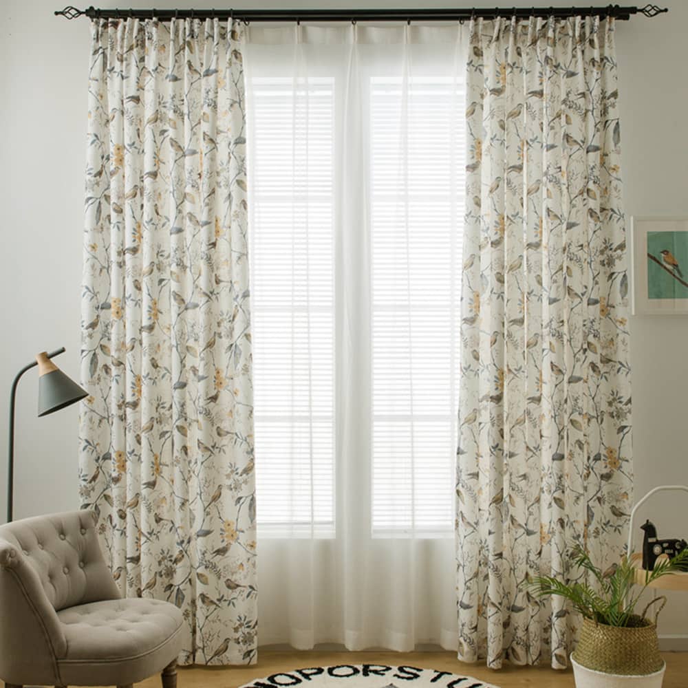 Garden Mustard Gray Birds Yellow Blossom Pinch Pleat Curtain Panels